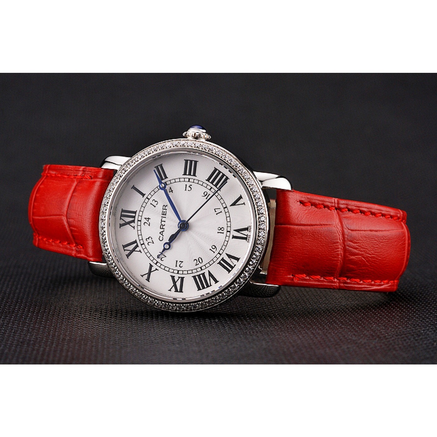 Cartier Ronde White Dial Diamond Bezel Stainless Steel Case Red Leather Strap