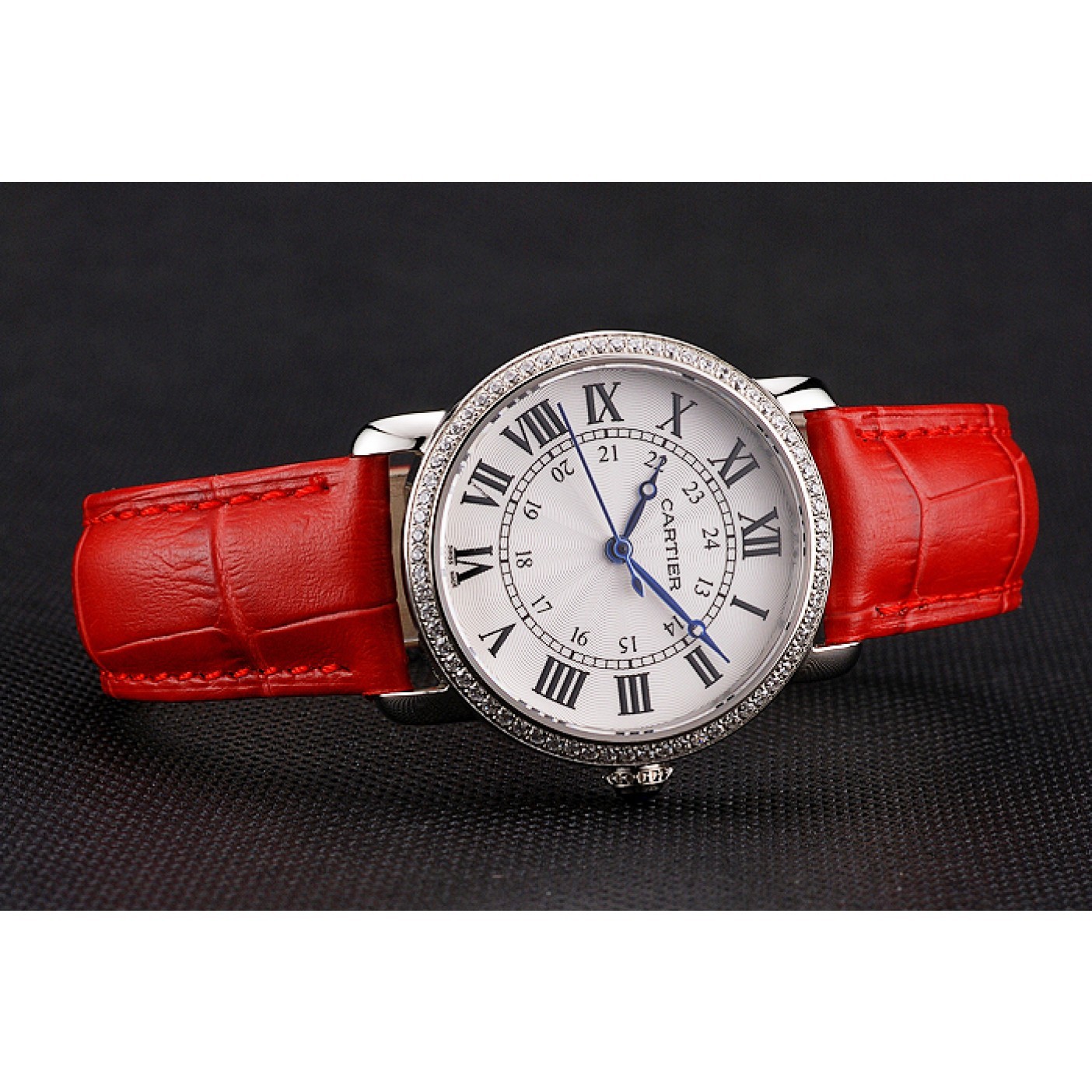 Cartier Ronde White Dial Diamond Bezel Stainless Steel Case Red Leather Strap