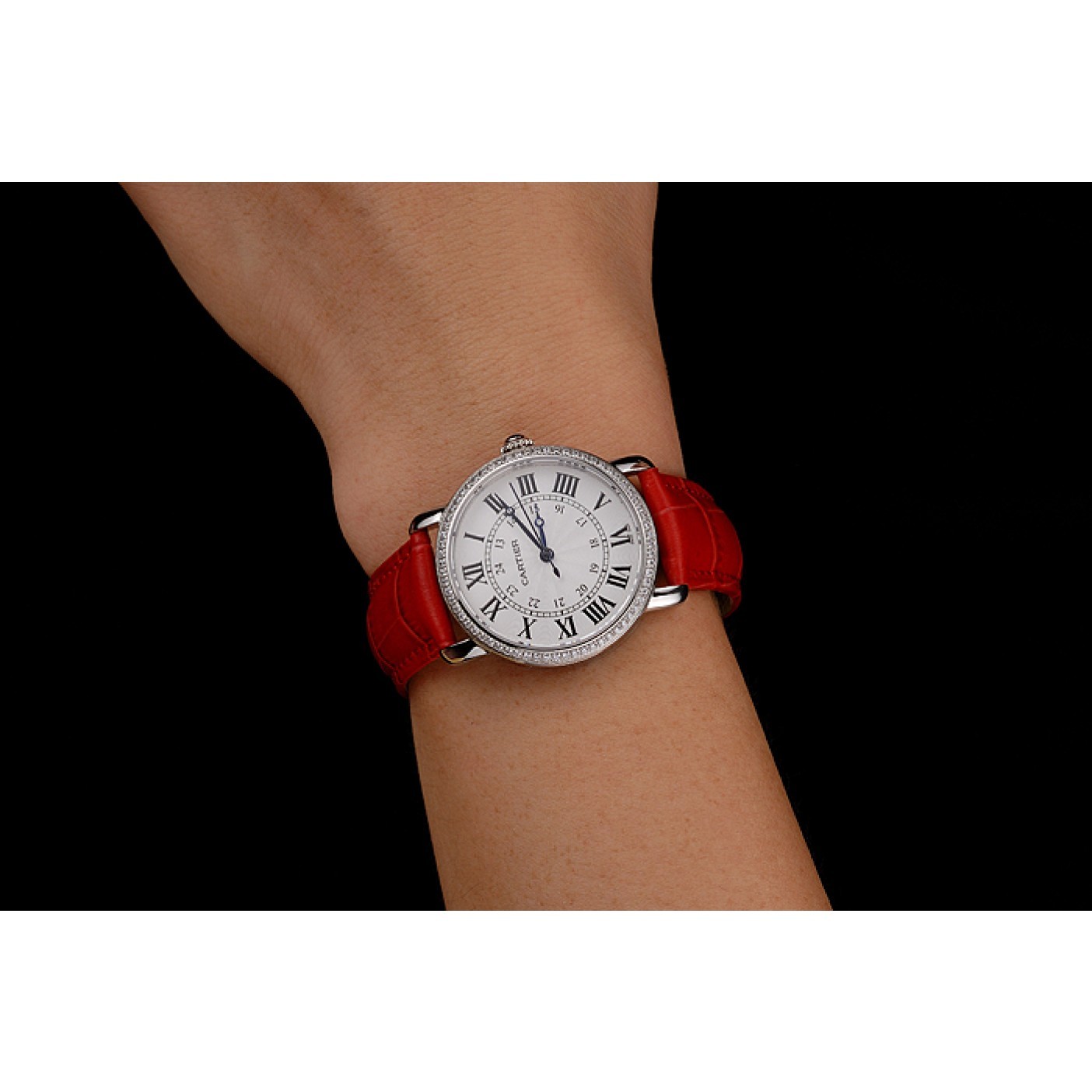 Cartier Ronde White Dial Diamond Bezel Stainless Steel Case Red Leather Strap