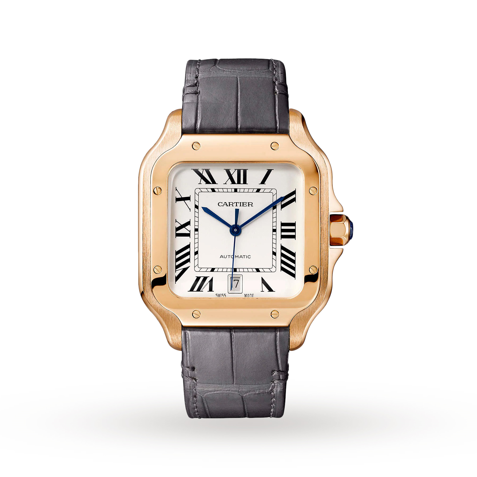 Swiss Santos de Cartier watch, Large model, automatic, rose gold, 2 interchangeable leather bracelets