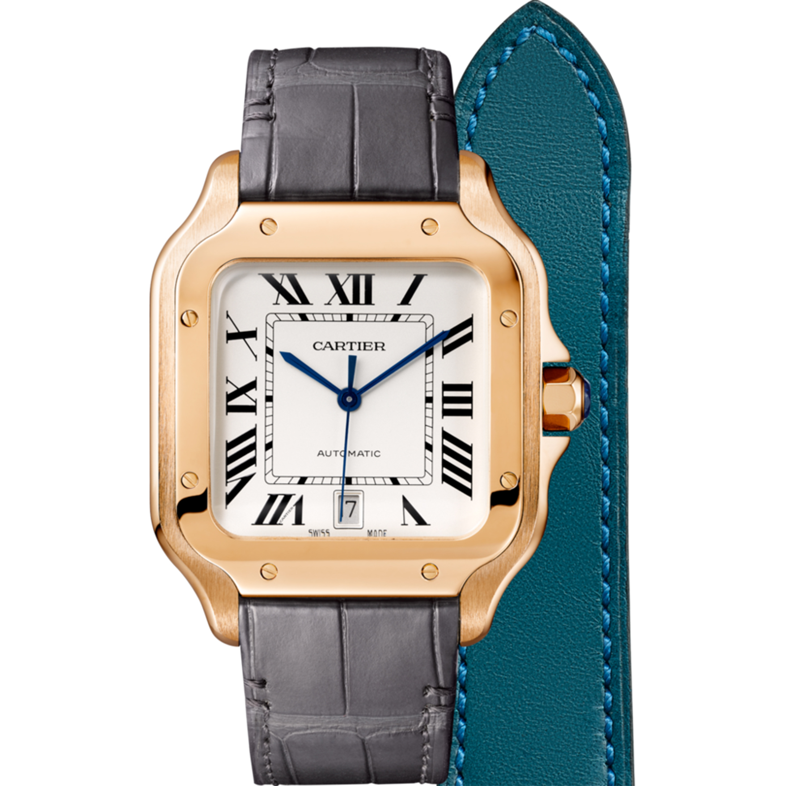 Swiss Santos de Cartier watch, Large model, automatic, rose gold, 2 interchangeable leather bracelets