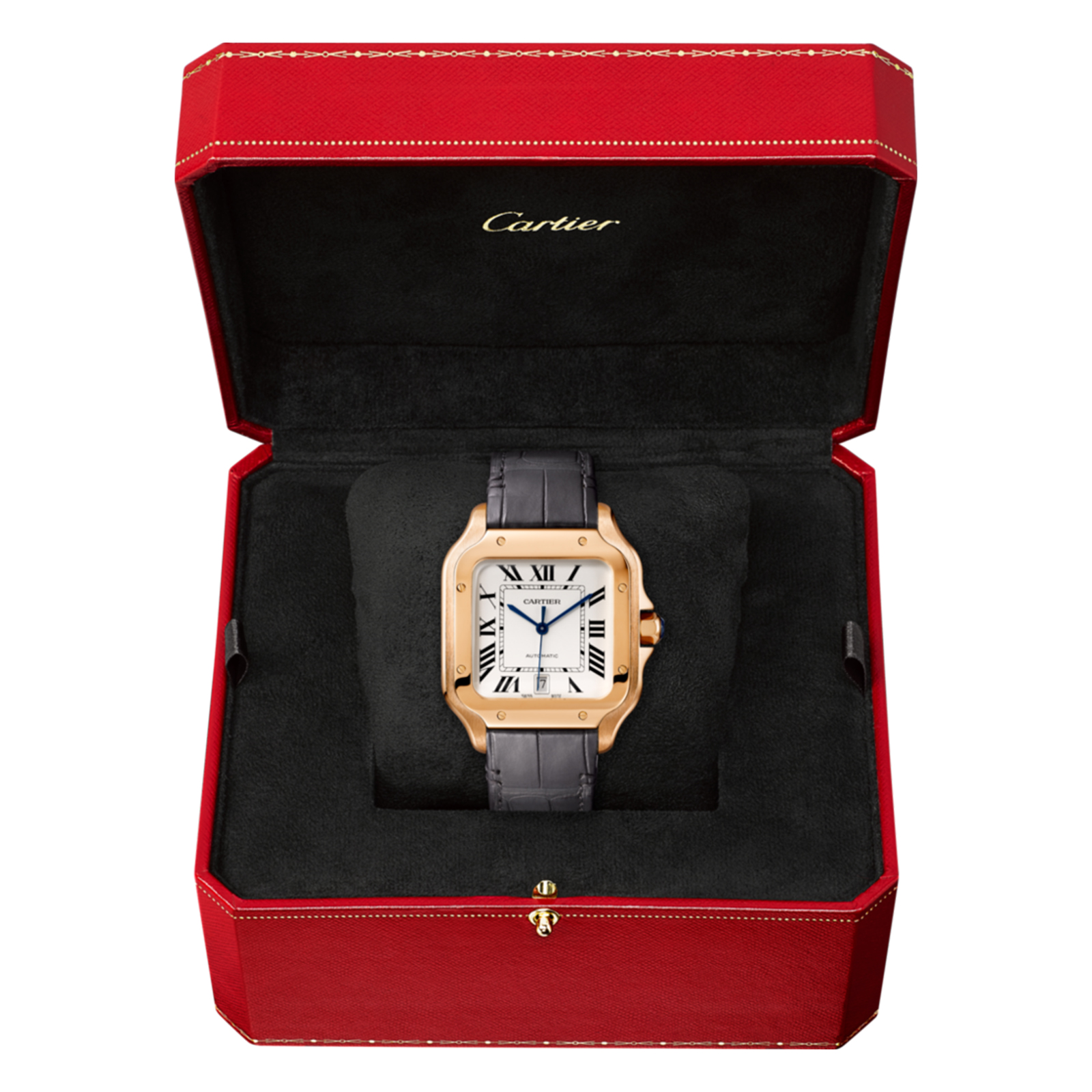 Swiss Santos de Cartier watch, Large model, automatic, rose gold, 2 interchangeable leather bracelets