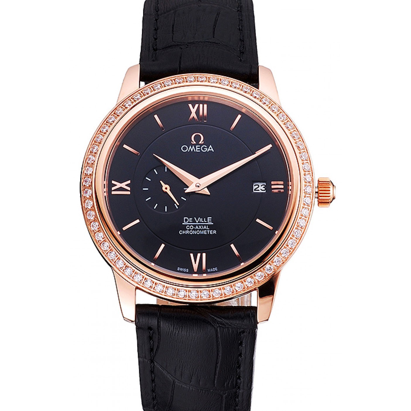 Omega De Ville Prestige Co-Axial Black Dial Rose Gold Diamond Case Black Leather Strap Roman Numeral