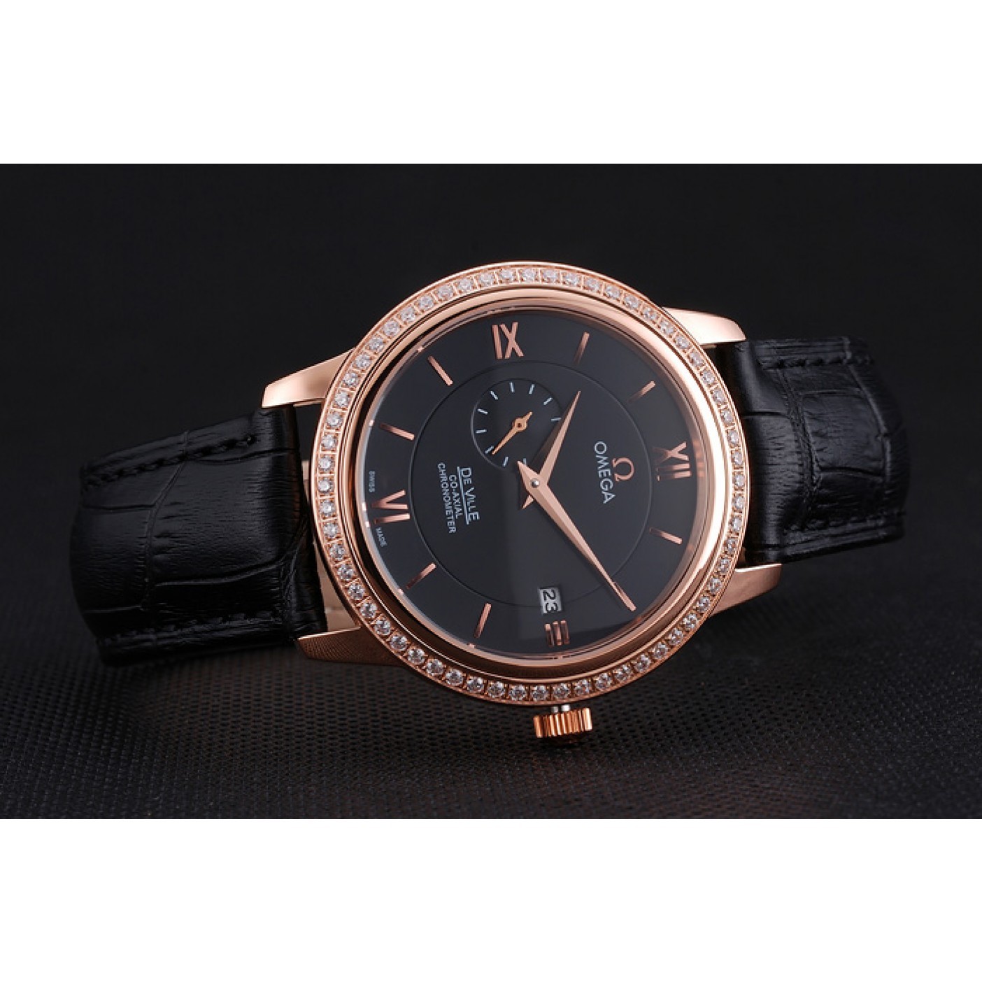 Omega De Ville Prestige Co-Axial Black Dial Rose Gold Diamond Case Black Leather Strap Roman Numeral