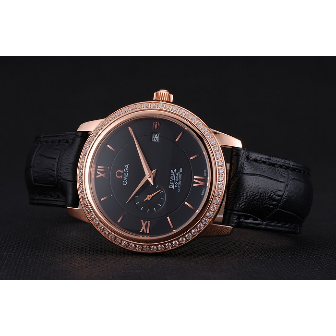 Omega De Ville Prestige Co-Axial Black Dial Rose Gold Diamond Case Black Leather Strap Roman Numeral