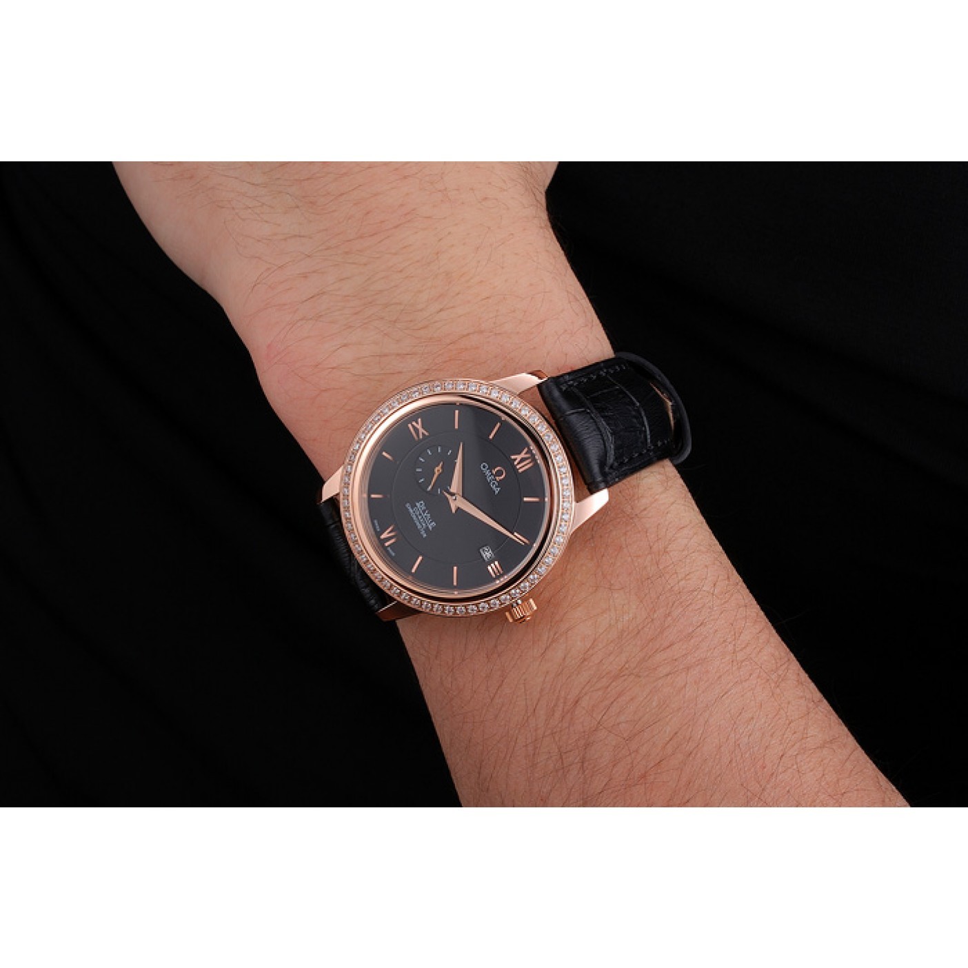 Omega De Ville Prestige Co-Axial Black Dial Rose Gold Diamond Case Black Leather Strap Roman Numeral