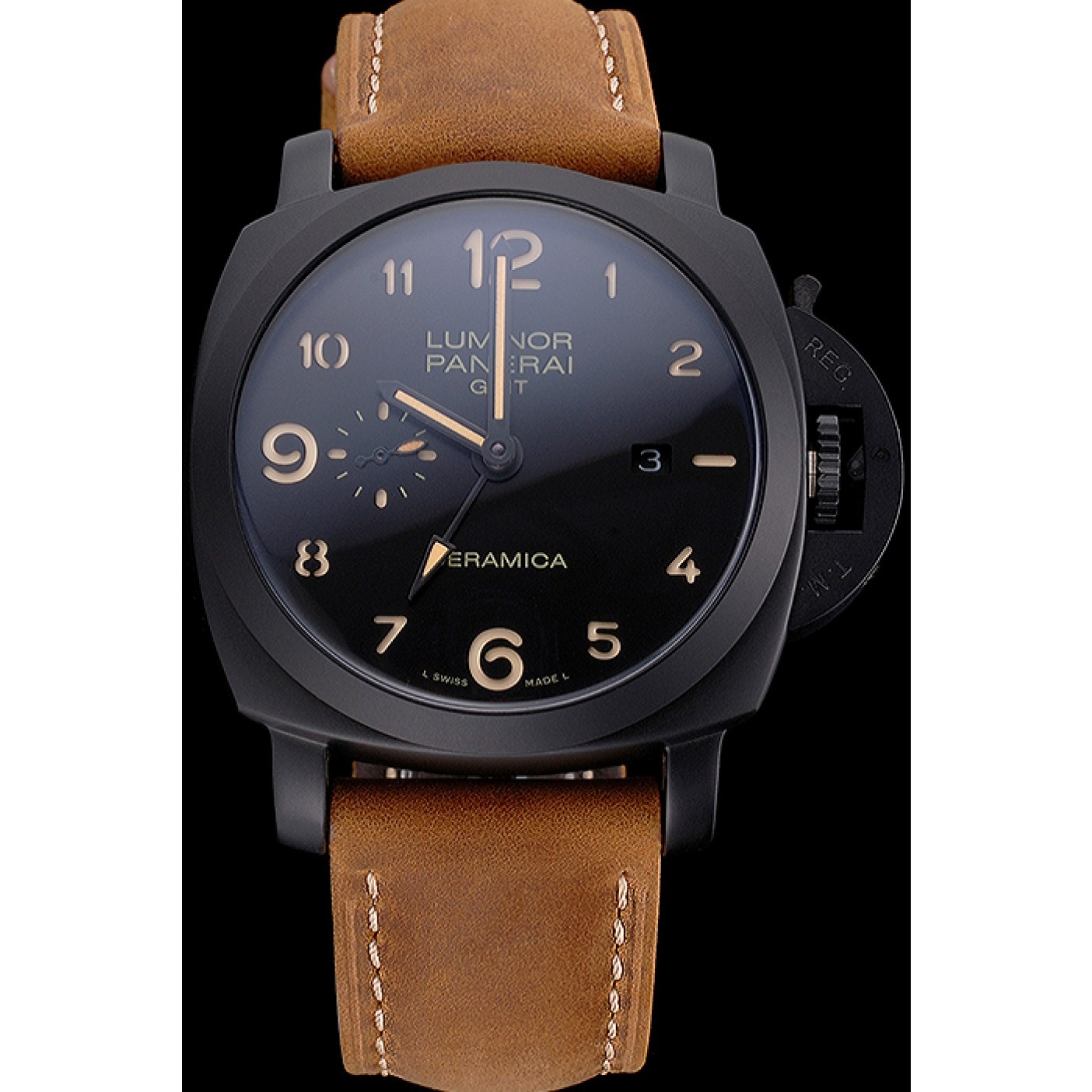 Panerai Luminor 1950 GMT Ceramica Black Dial Matte Black Case Brown Suede Leather Strap