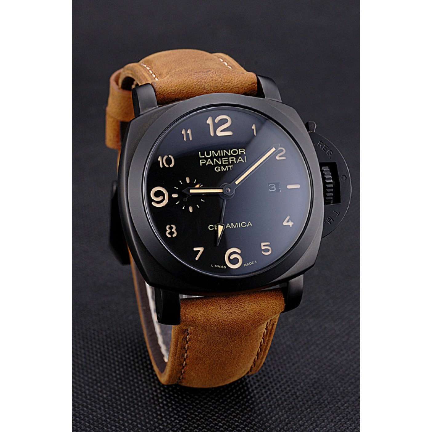 Panerai Luminor 1950 GMT Ceramica Black Dial Matte Black Case Brown Suede Leather Strap