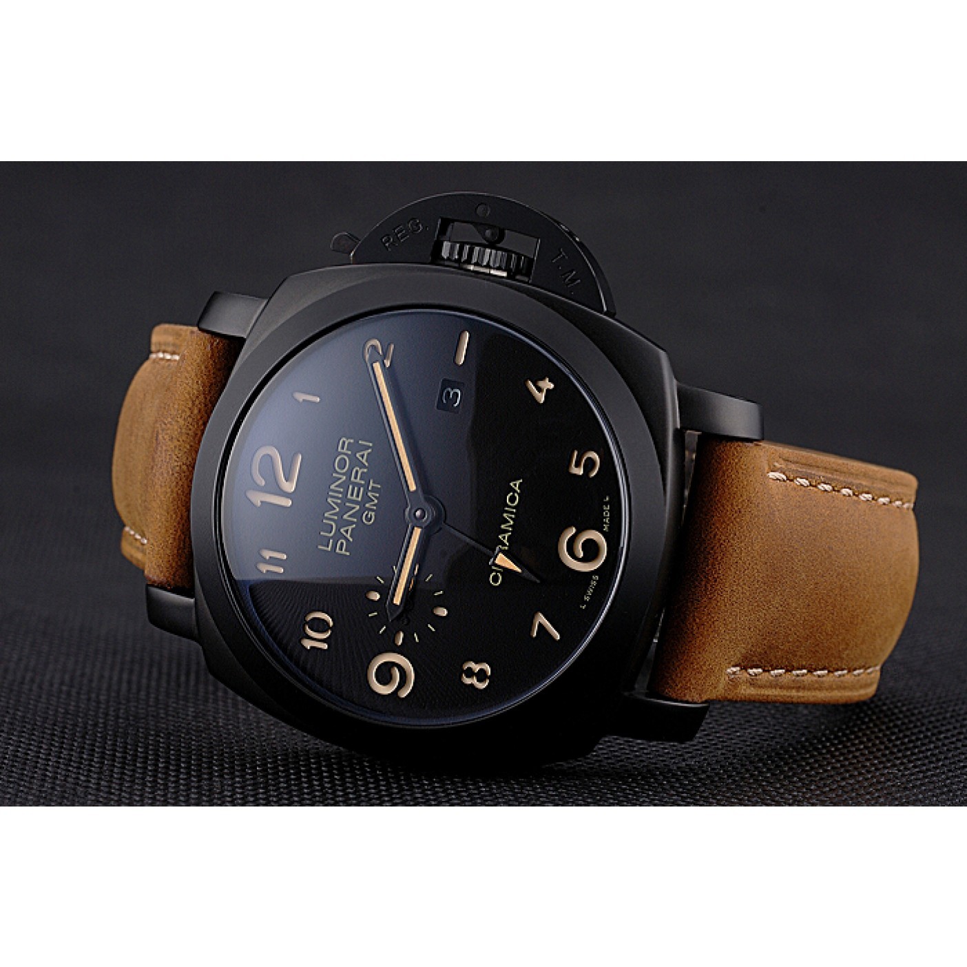 Panerai Luminor 1950 GMT Ceramica Black Dial Matte Black Case Brown Suede Leather Strap