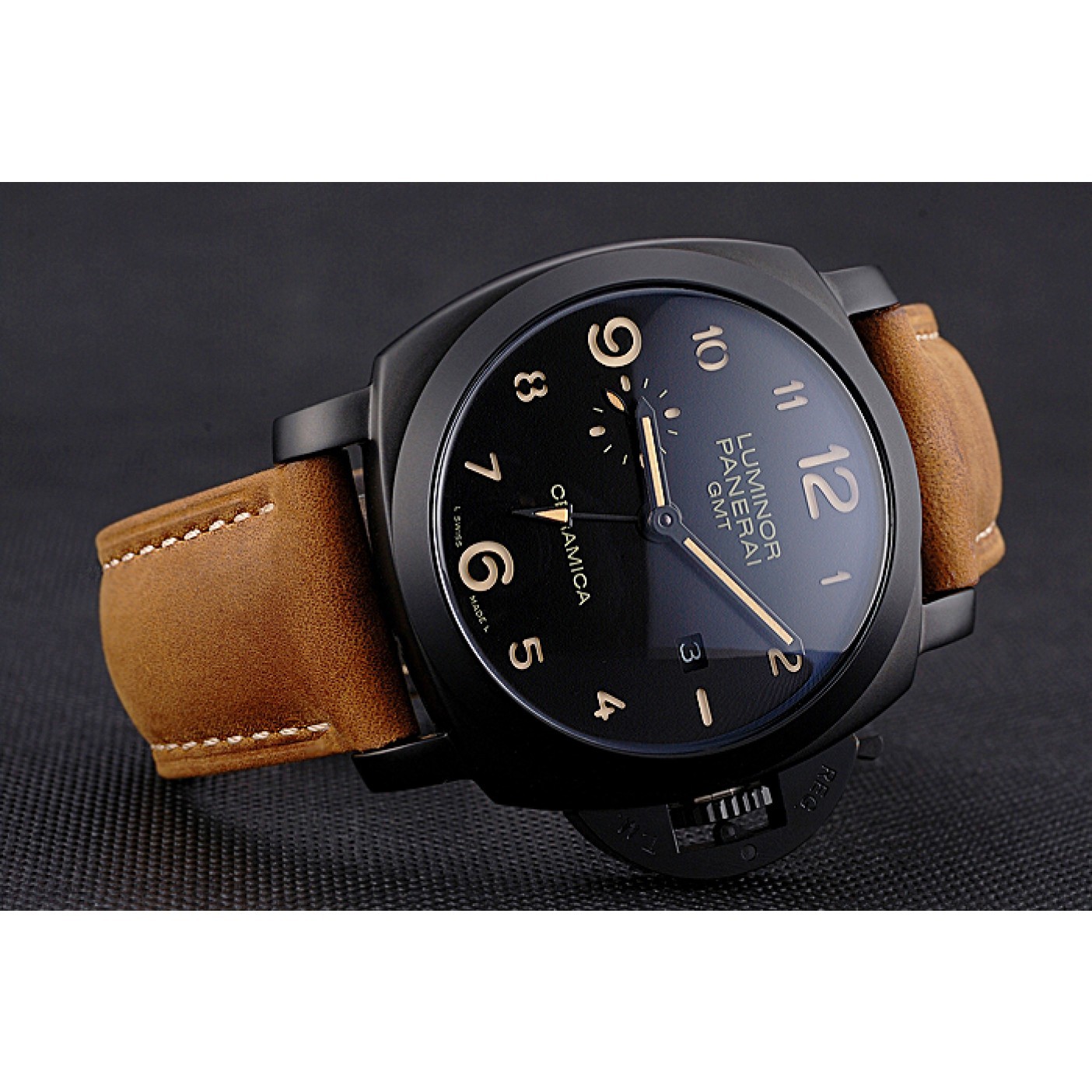 Panerai Luminor 1950 GMT Ceramica Black Dial Matte Black Case Brown Suede Leather Strap