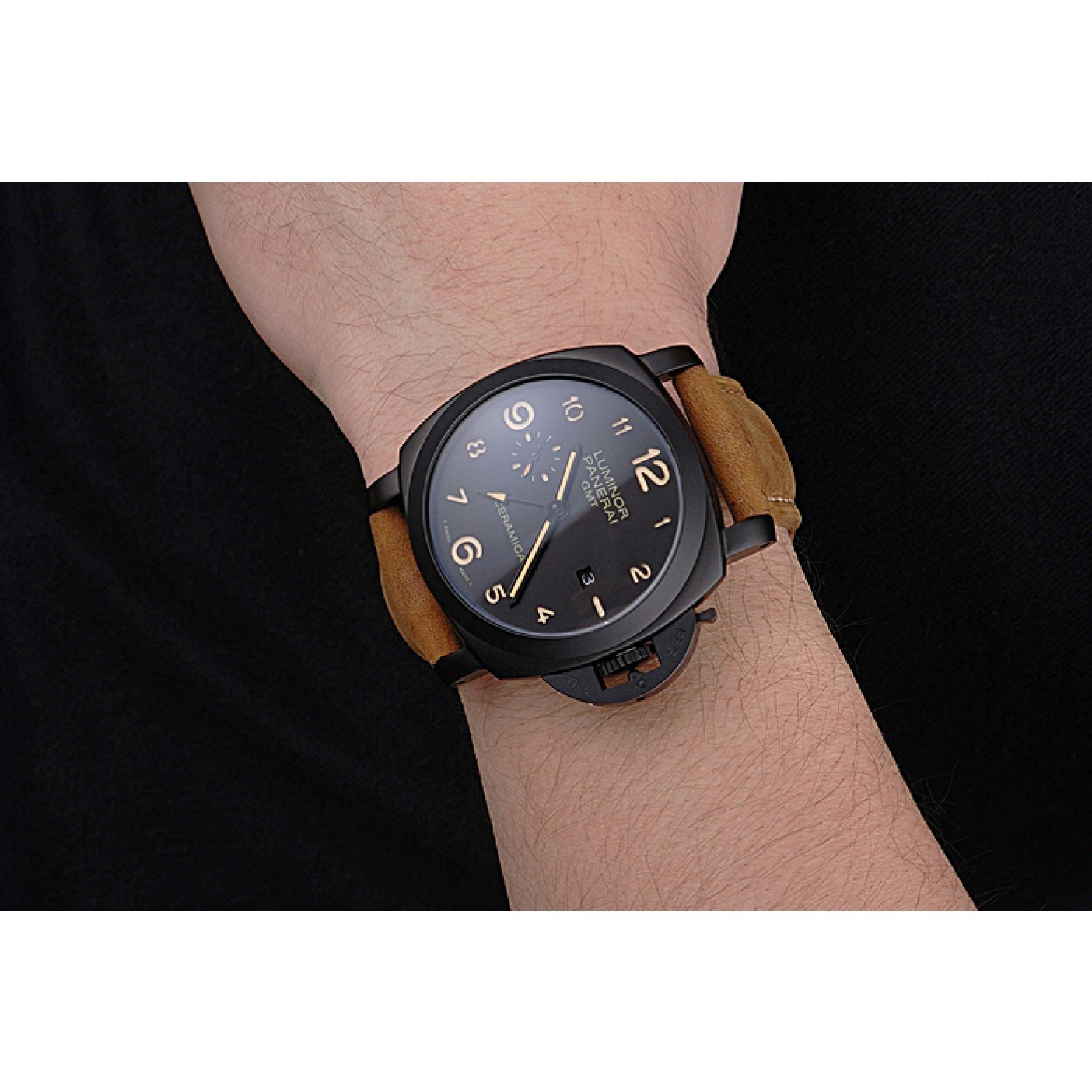 Panerai Luminor 1950 GMT Ceramica Black Dial Matte Black Case Brown Suede Leather Strap