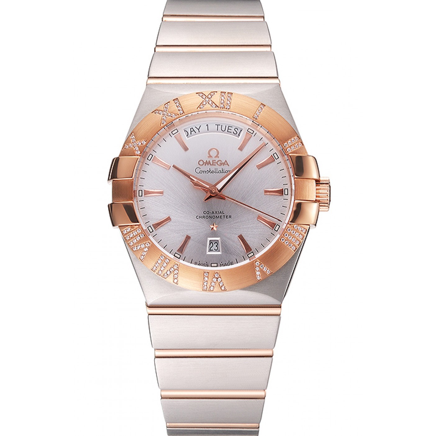 Swiss Omega Constellation White Dial Stainless Steel Case Rose Gold Bezel Two Tone Bracelet