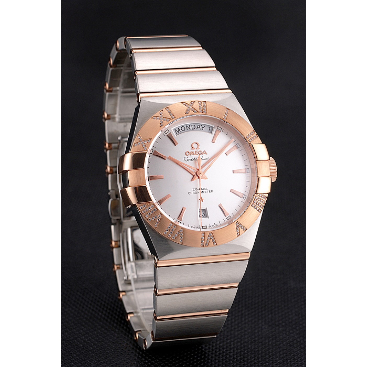 Swiss Omega Constellation White Dial Stainless Steel Case Rose Gold Bezel Two Tone Bracelet