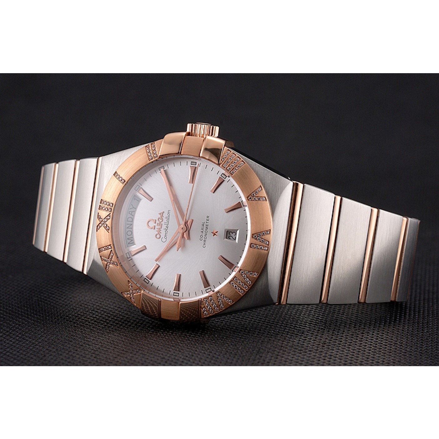 Swiss Omega Constellation White Dial Stainless Steel Case Rose Gold Bezel Two Tone Bracelet