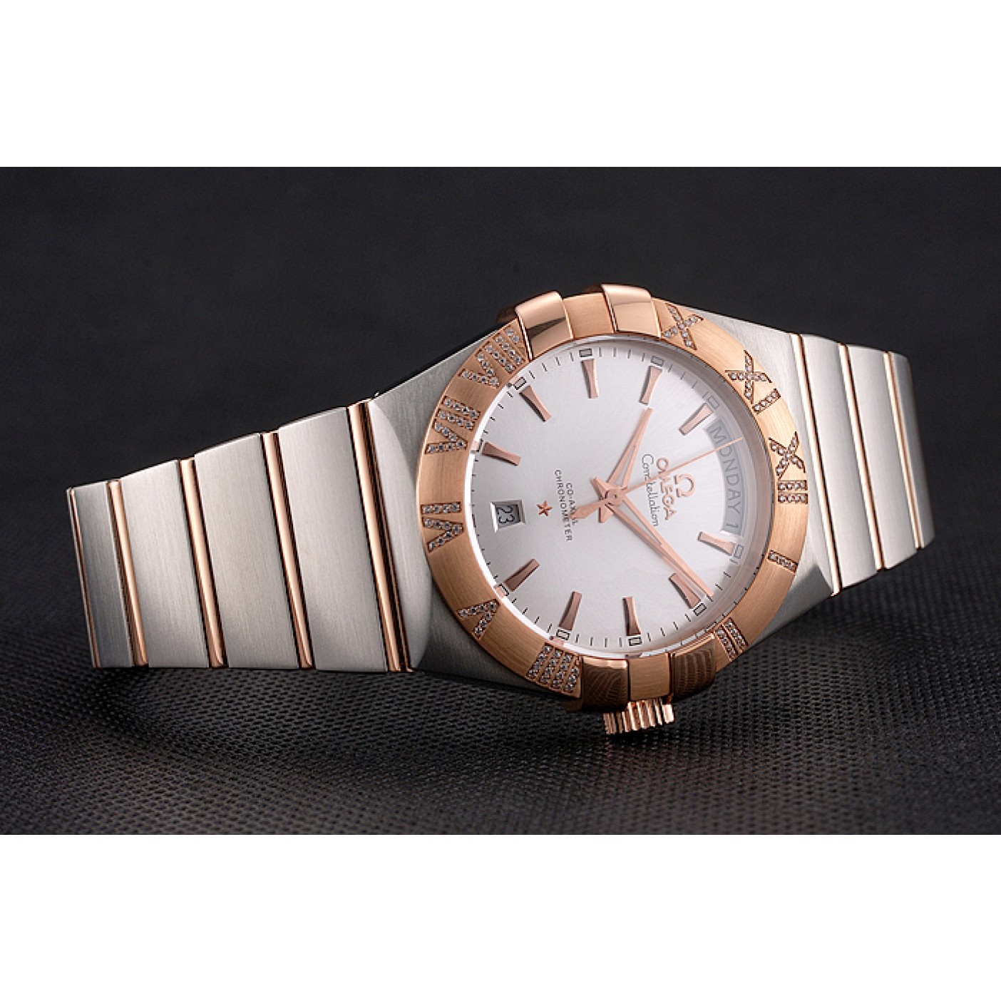 Swiss Omega Constellation White Dial Stainless Steel Case Rose Gold Bezel Two Tone Bracelet