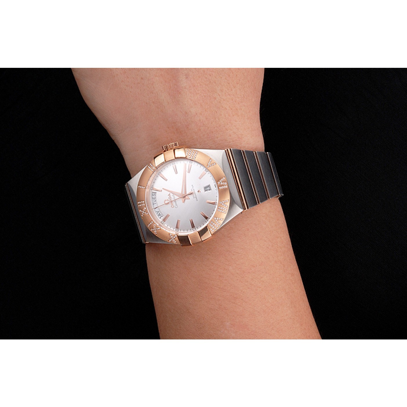 Swiss Omega Constellation White Dial Stainless Steel Case Rose Gold Bezel Two Tone Bracelet