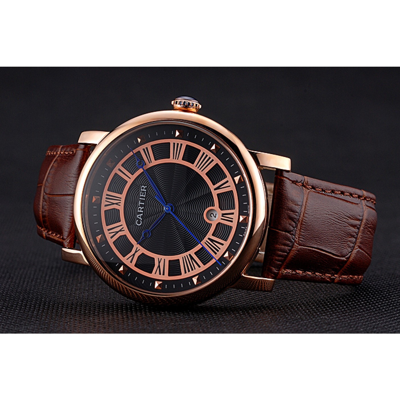 Cartier Rotonde Date Black Dial Rose Gold Case Brown Leather Strap