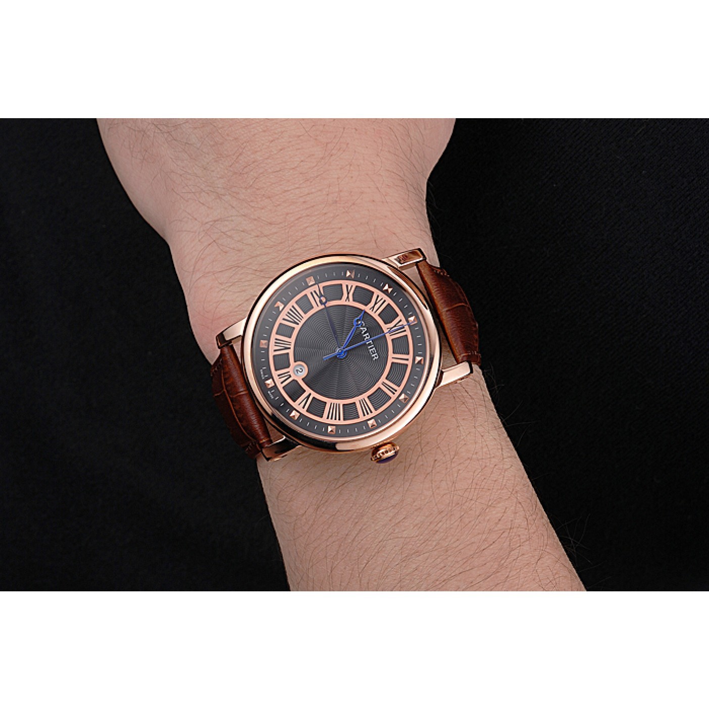 Cartier Rotonde Date Black Dial Rose Gold Case Brown Leather Strap