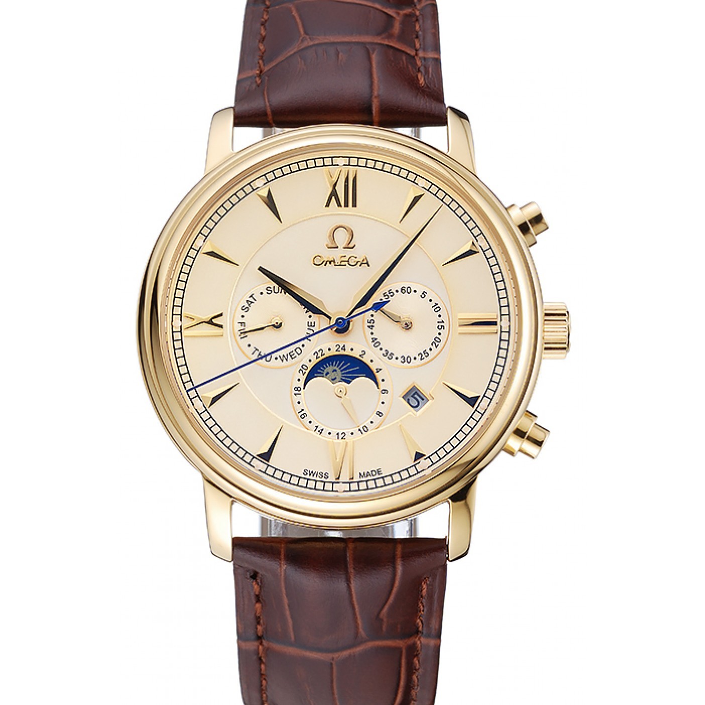 Omega De Ville Moonphase Gold Dial And Case Brown Leather Bracelet 1454228