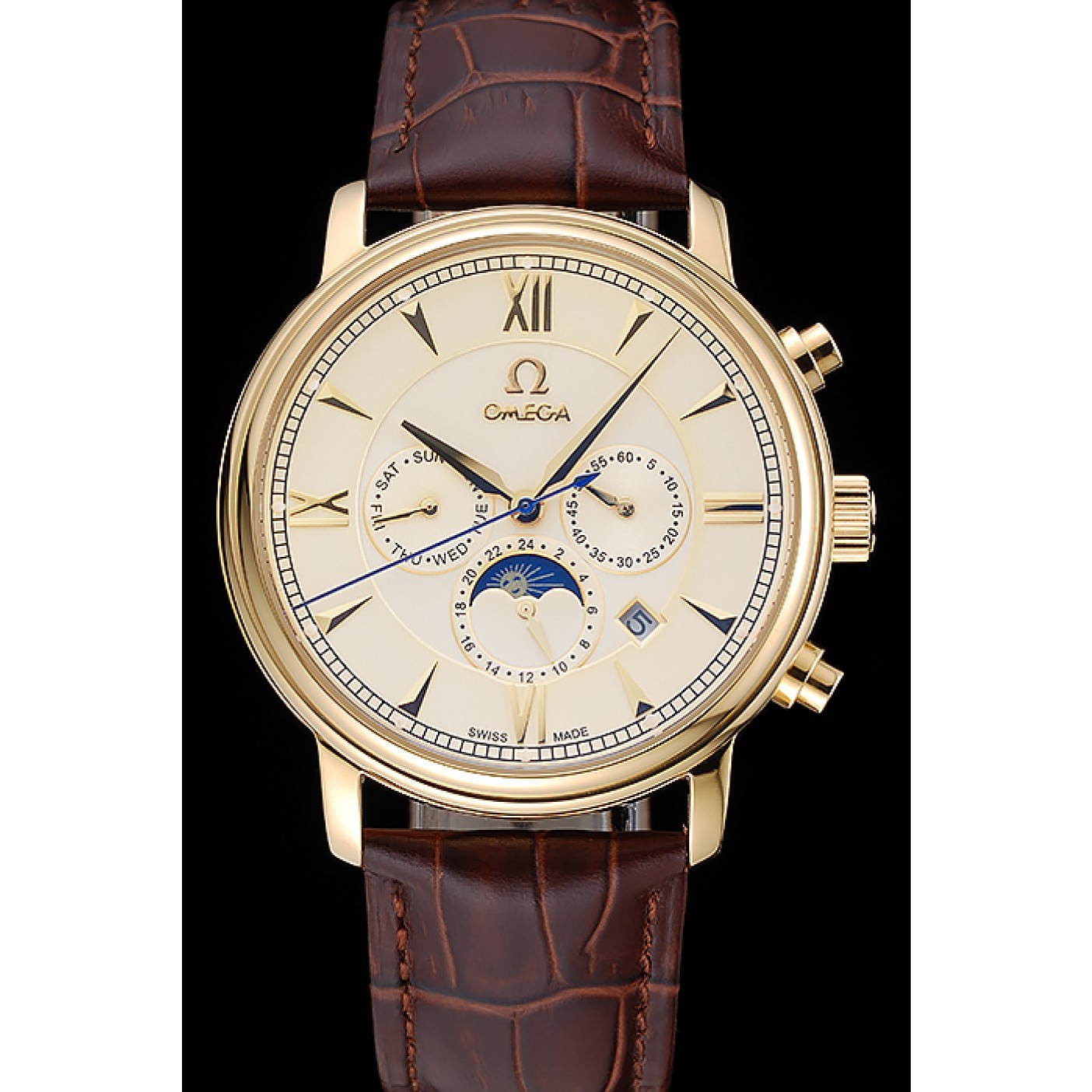 Omega De Ville Moonphase Gold Dial And Case Brown Leather Bracelet 1454228