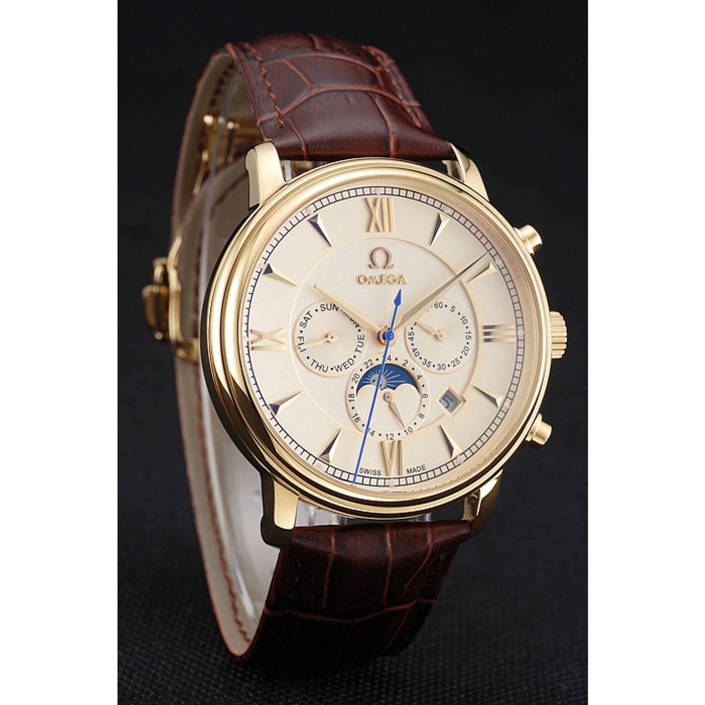 Omega De Ville Moonphase Gold Dial And Case Brown Leather Bracelet 1454228