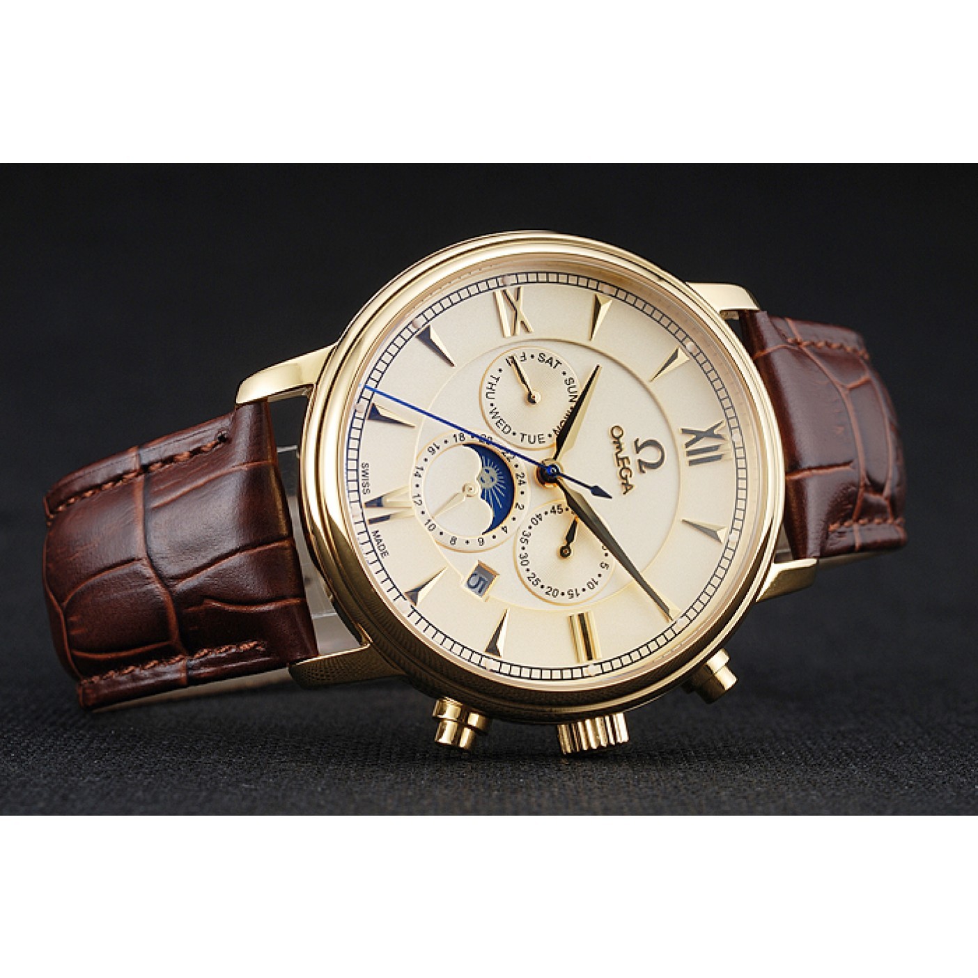 Omega De Ville Moonphase Gold Dial And Case Brown Leather Bracelet 1454228