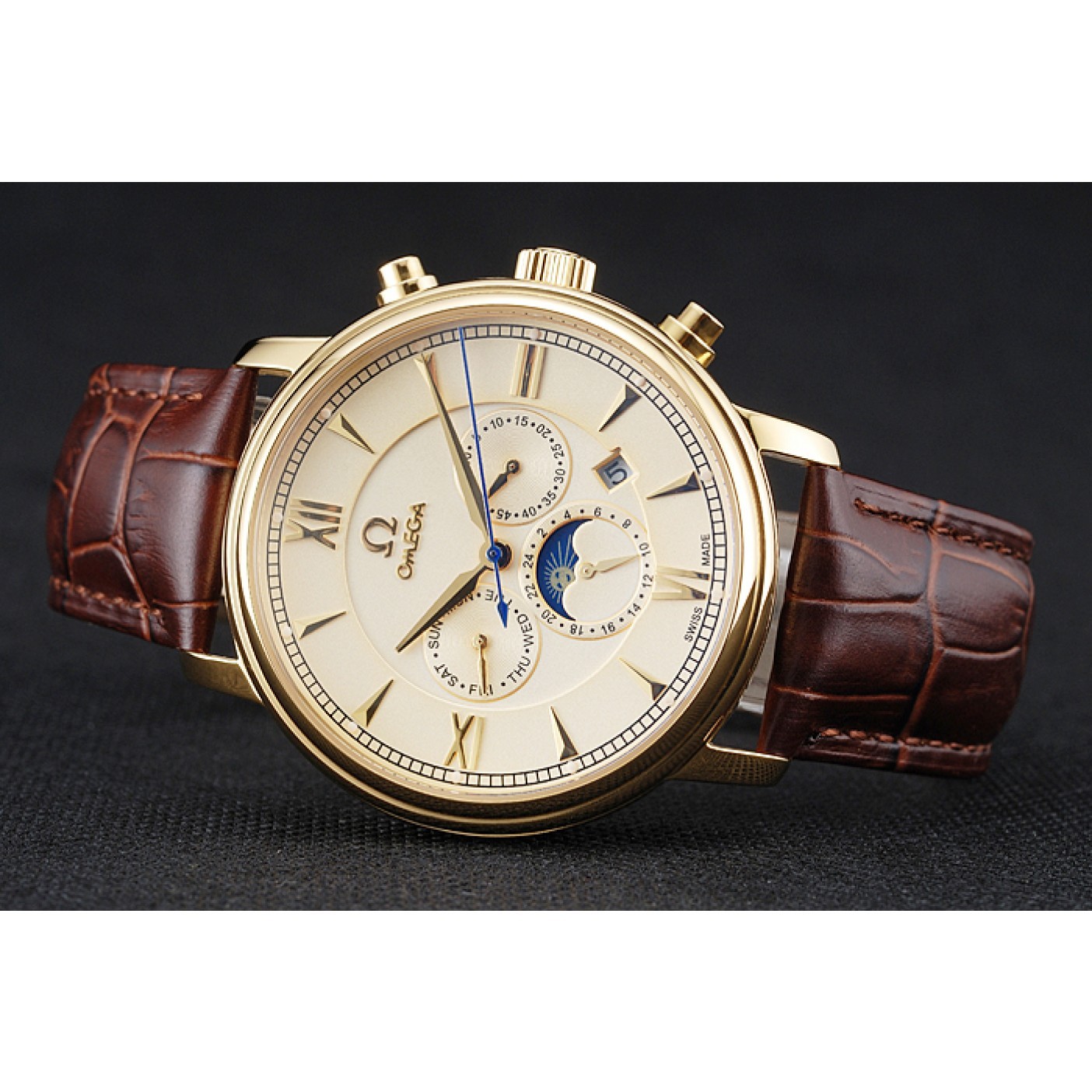 Omega De Ville Moonphase Gold Dial And Case Brown Leather Bracelet 1454228