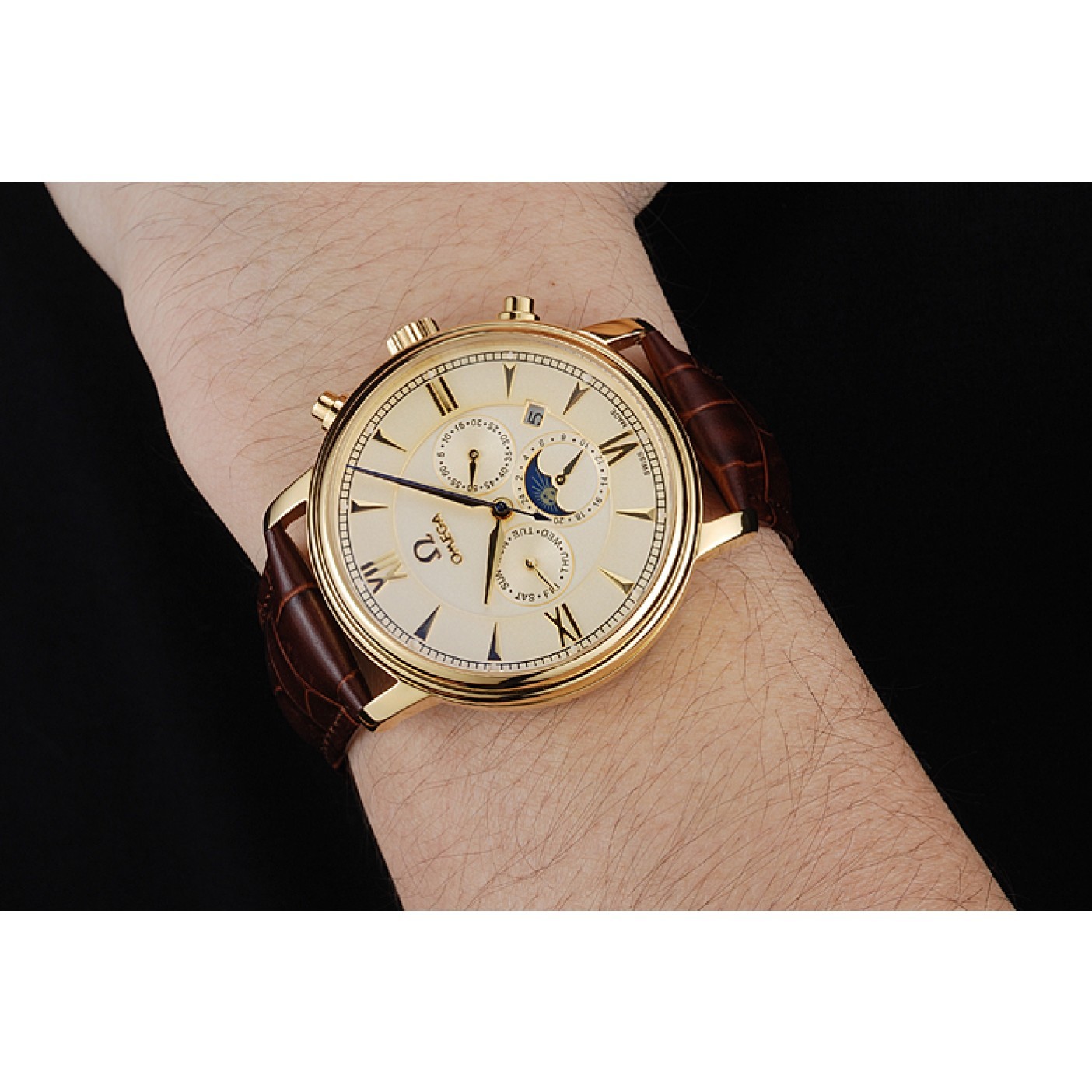 Omega De Ville Moonphase Gold Dial And Case Brown Leather Bracelet 1454228