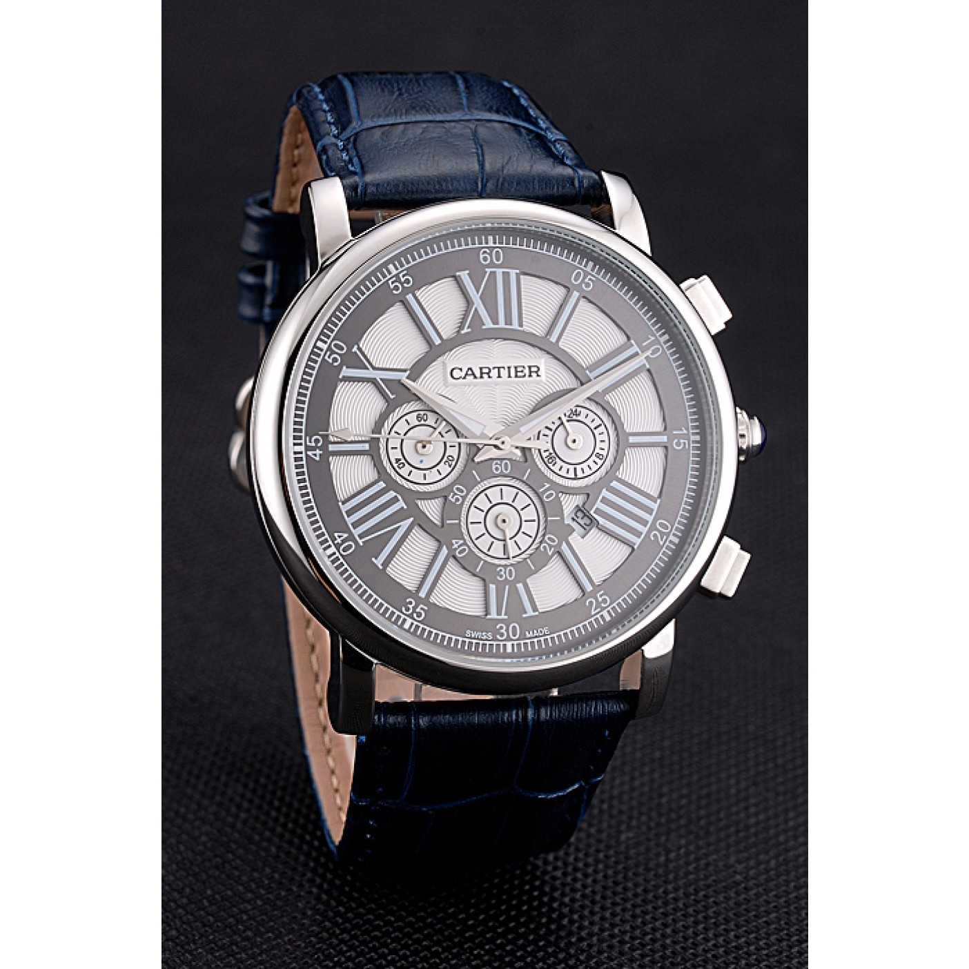 Cartier Rotonde Chronograph Black And White Dial Stainless Steel Case Blue Leather Strap