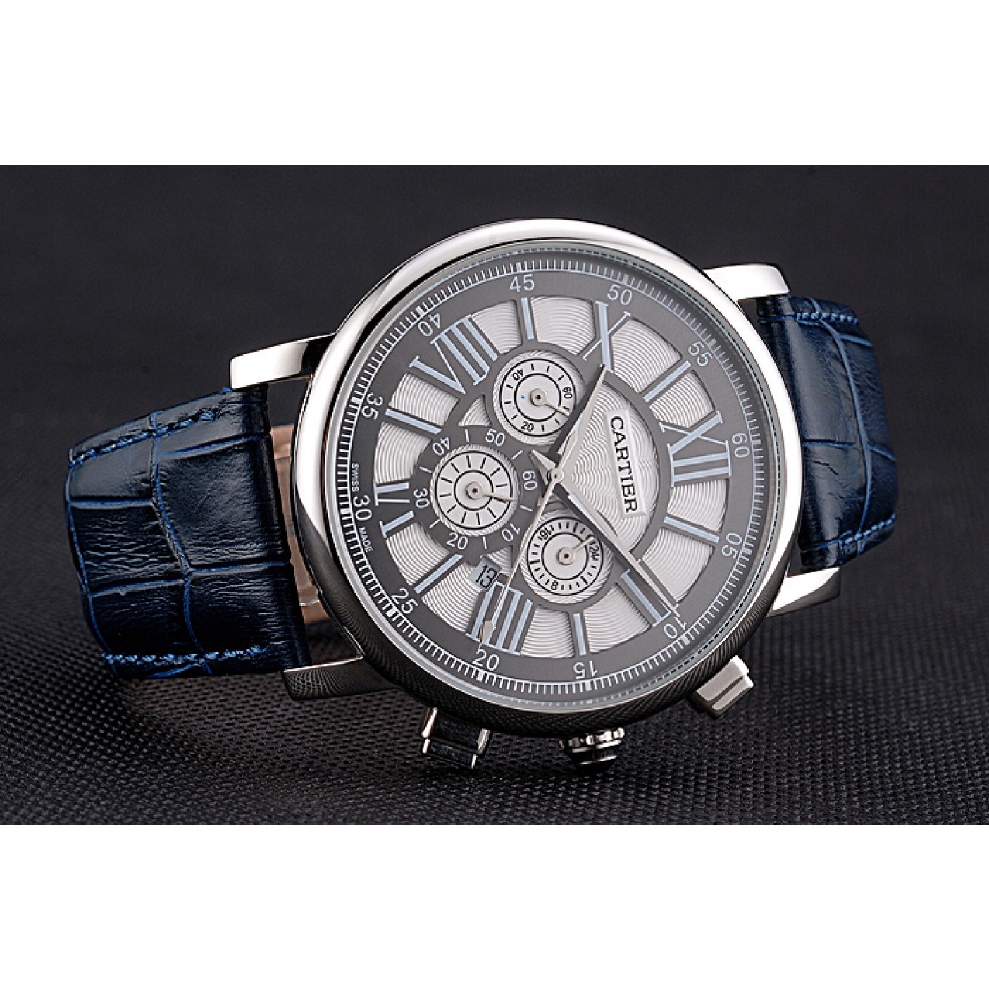 Cartier Rotonde Chronograph Black And White Dial Stainless Steel Case Blue Leather Strap