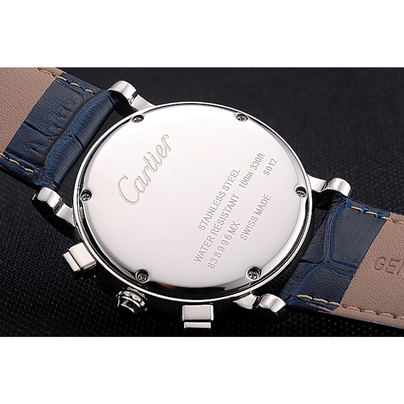 Cartier Rotonde Chronograph Black And White Dial Stainless Steel Case Blue Leather Strap