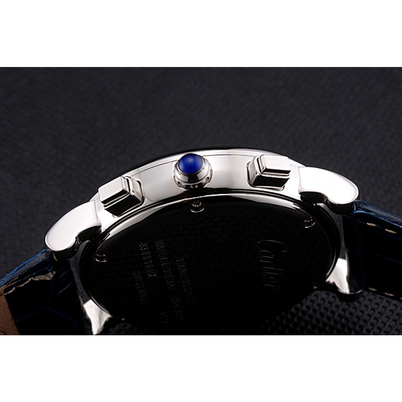 Cartier Rotonde Chronograph Black And White Dial Stainless Steel Case Blue Leather Strap