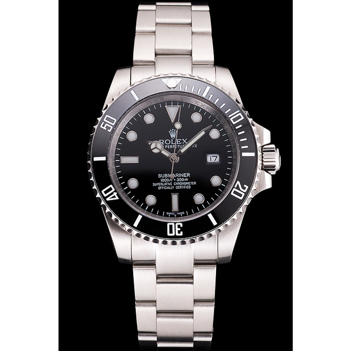 Swiss Rolex Submariner Small Date Black Dial And Bezel Stainless Steel Case And Bracelet