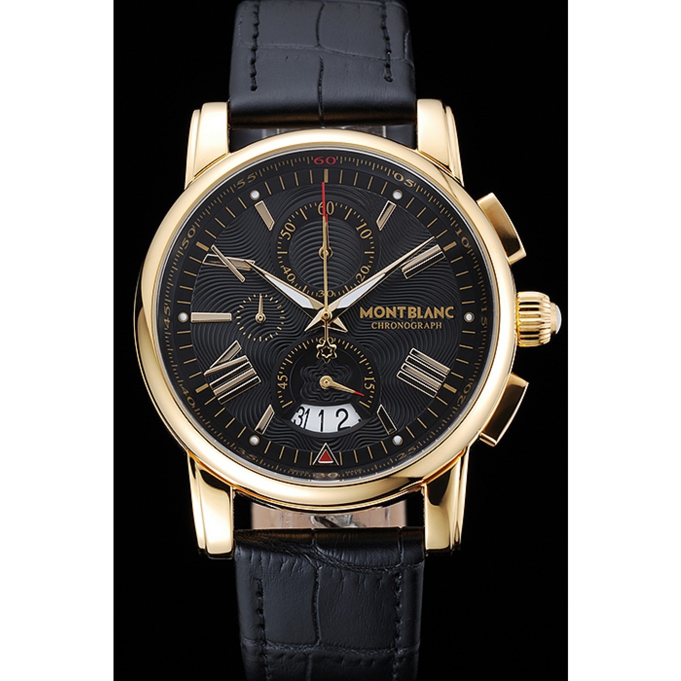 Montblanc Chronograph Black Dial Black Leather Bracelet Gold Case 1454112