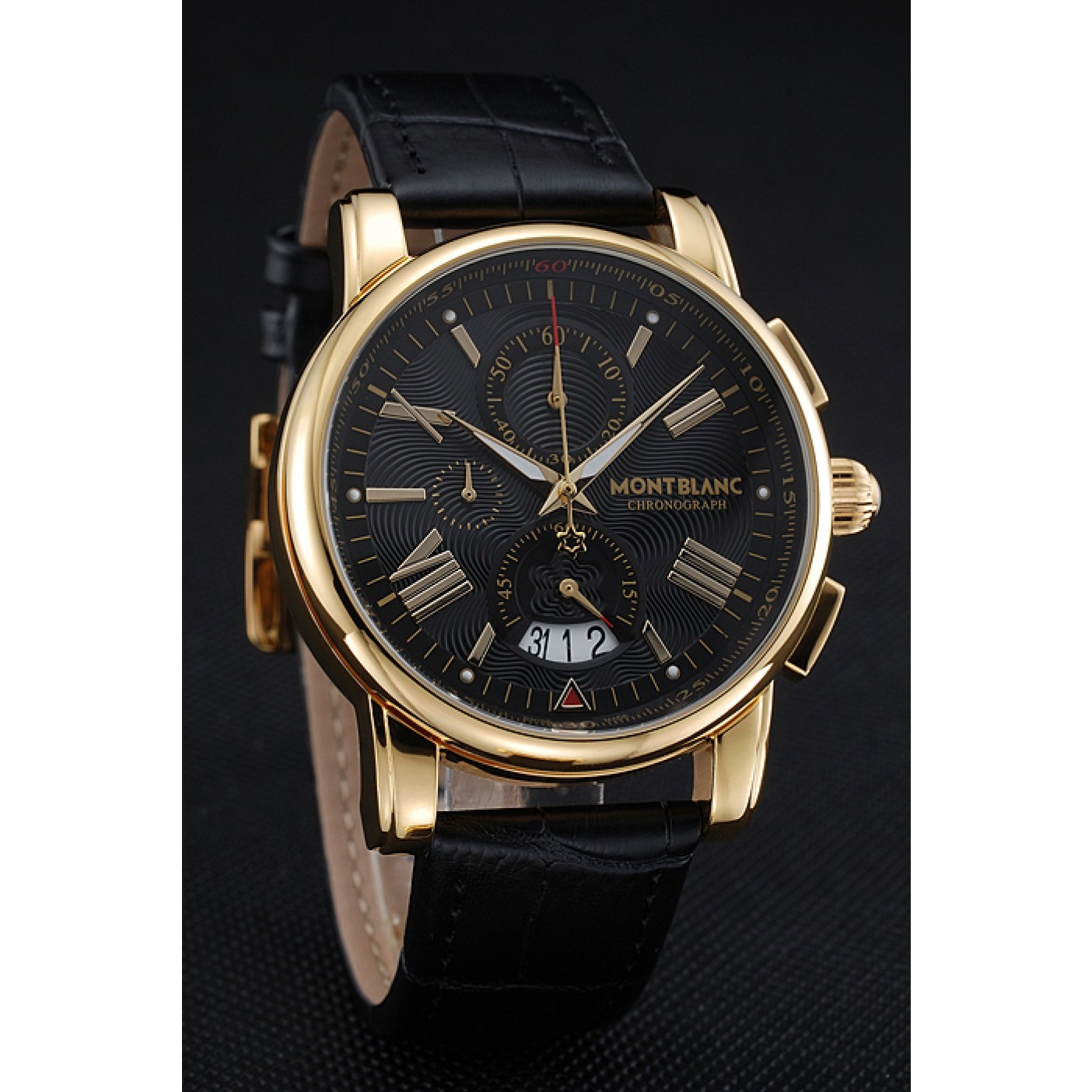 Montblanc Chronograph Black Dial Black Leather Bracelet Gold Case 1454112