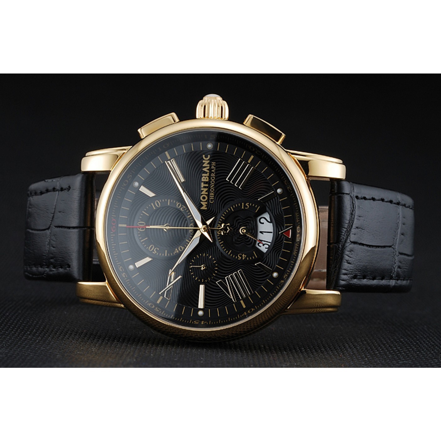 Montblanc Chronograph Black Dial Black Leather Bracelet Gold Case 1454112