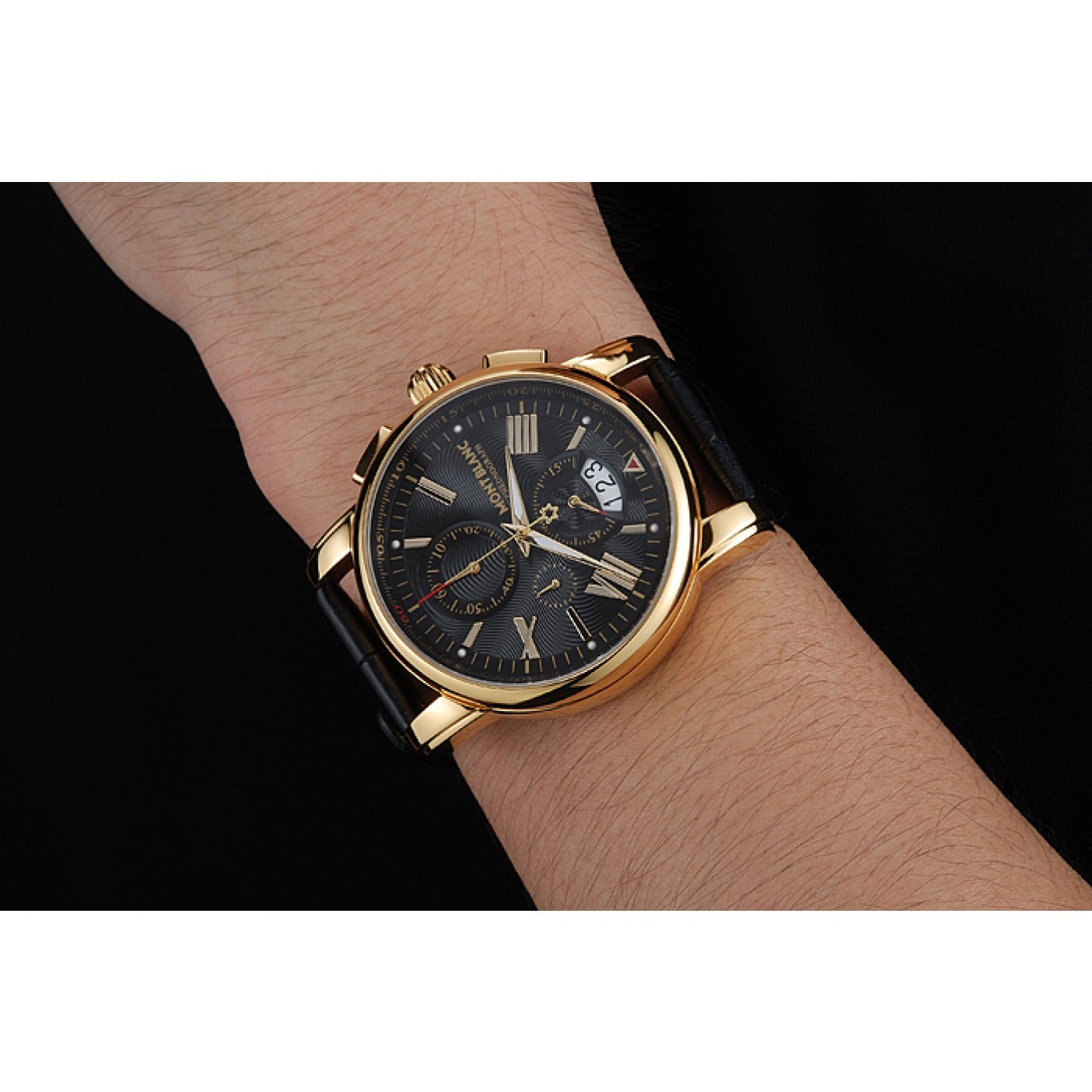 Montblanc Chronograph Black Dial Black Leather Bracelet Gold Case 1454112