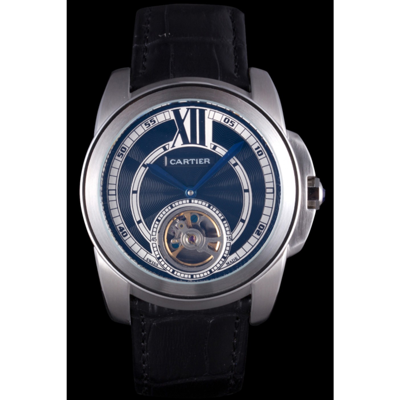 Cartier Calibre Flying Tourbillon Black Dial Stainless Steel Case Black Leather Bracelet