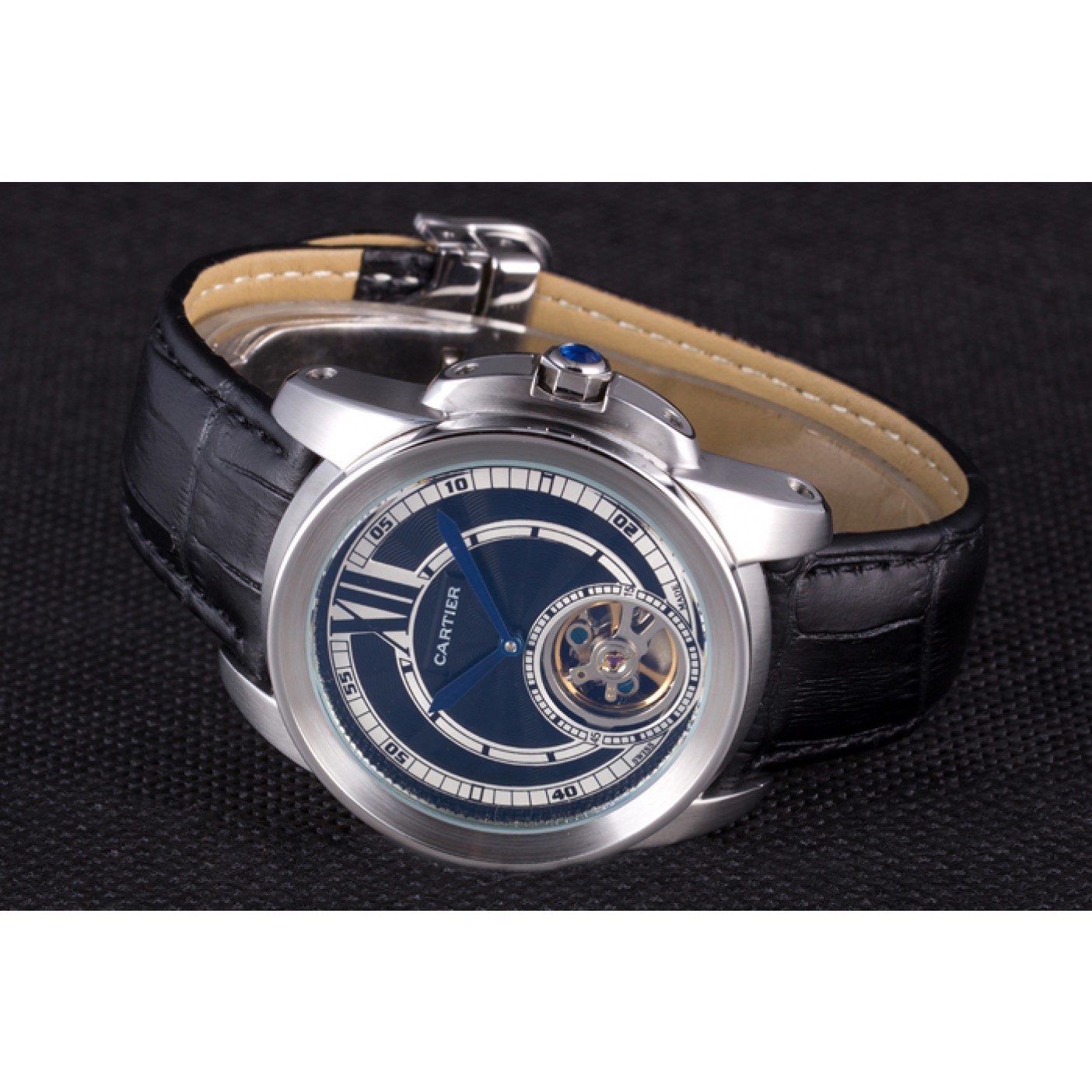 Cartier Calibre Flying Tourbillon Black Dial Stainless Steel Case Black Leather Bracelet