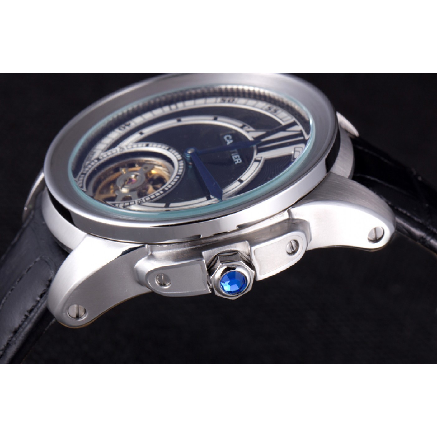 Cartier Calibre Flying Tourbillon Black Dial Stainless Steel Case Black Leather Bracelet