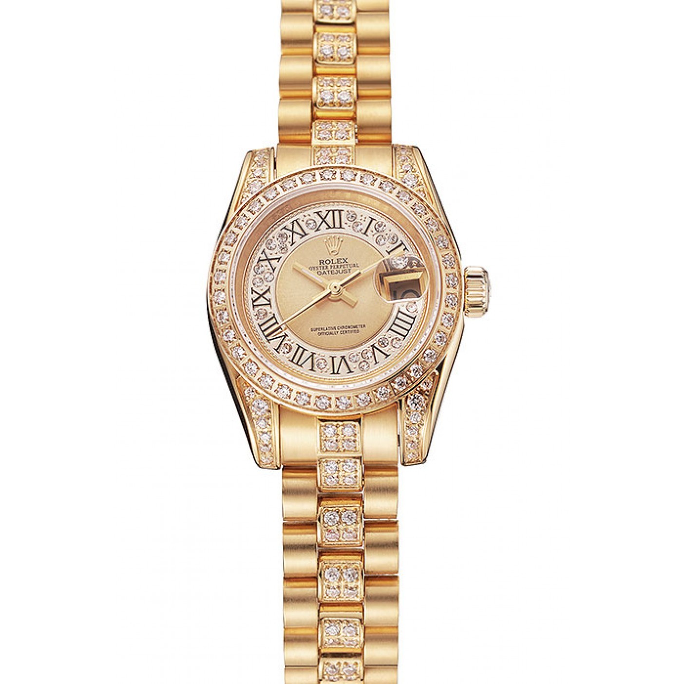 RepTime Watches Swiss Rolex DayJust Diamond Pave Gold Dial Gold Diamond Bracelet 1453953