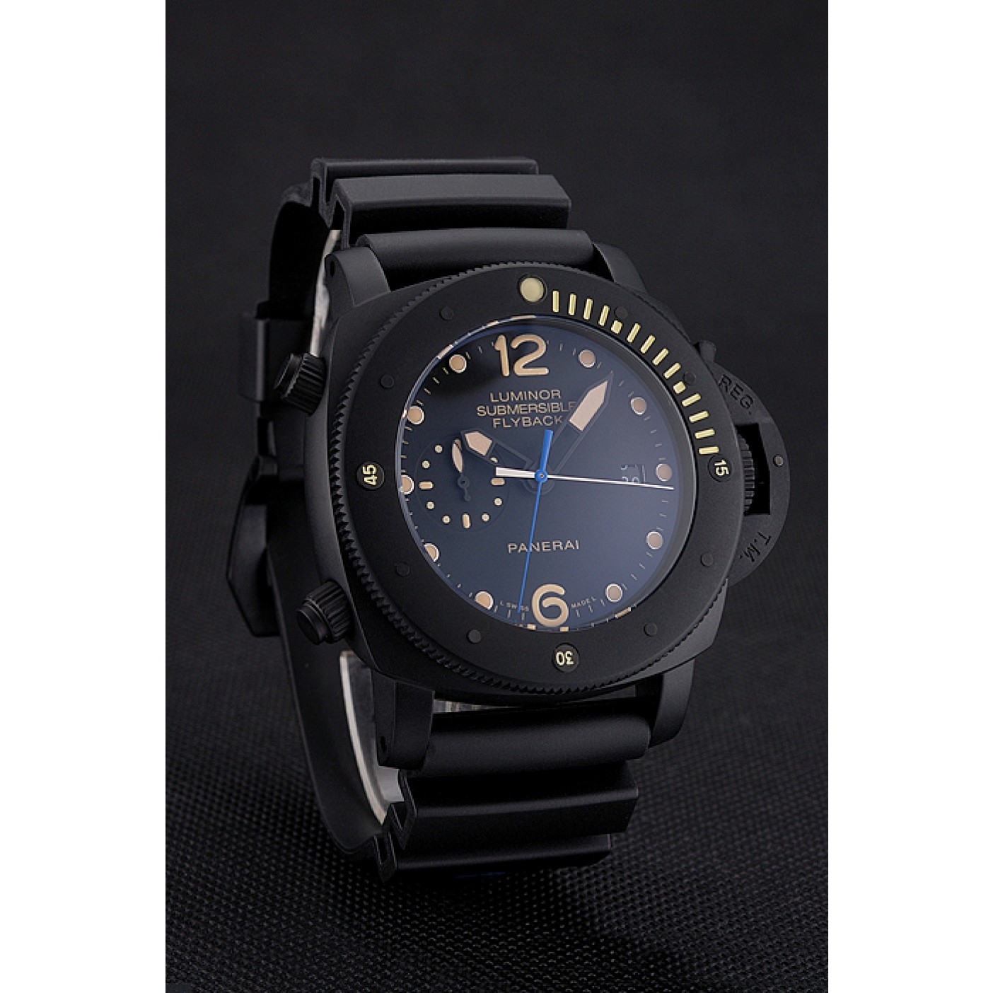 Panerai Luminor Submersible Flyback Date Black Dial Yellow Markings Black Ionized Case Black Rubber Strap