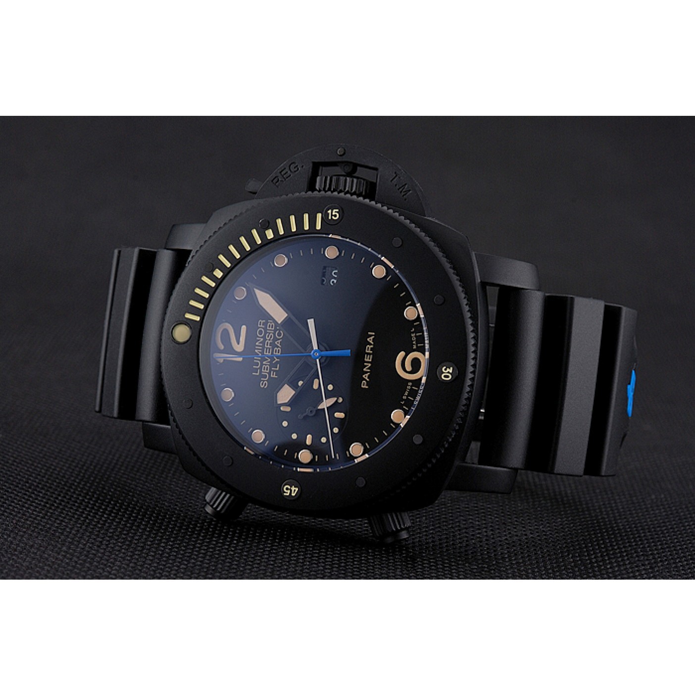 Panerai Luminor Submersible Flyback Date Black Dial Yellow Markings Black Ionized Case Black Rubber Strap