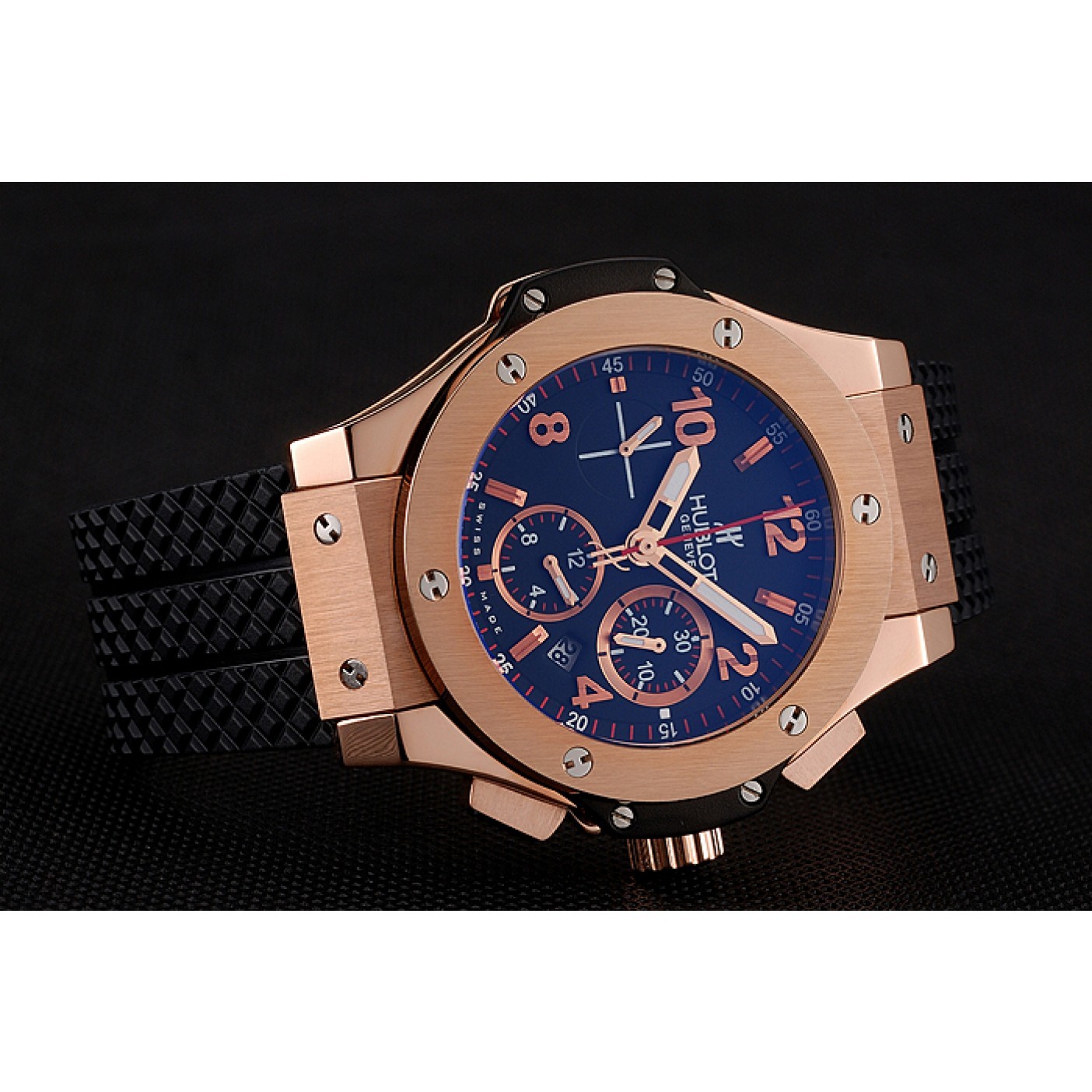 Swiss Hublot Big Bang Black Dial Rose Gold Case Black Rubber Bracelet 1453898