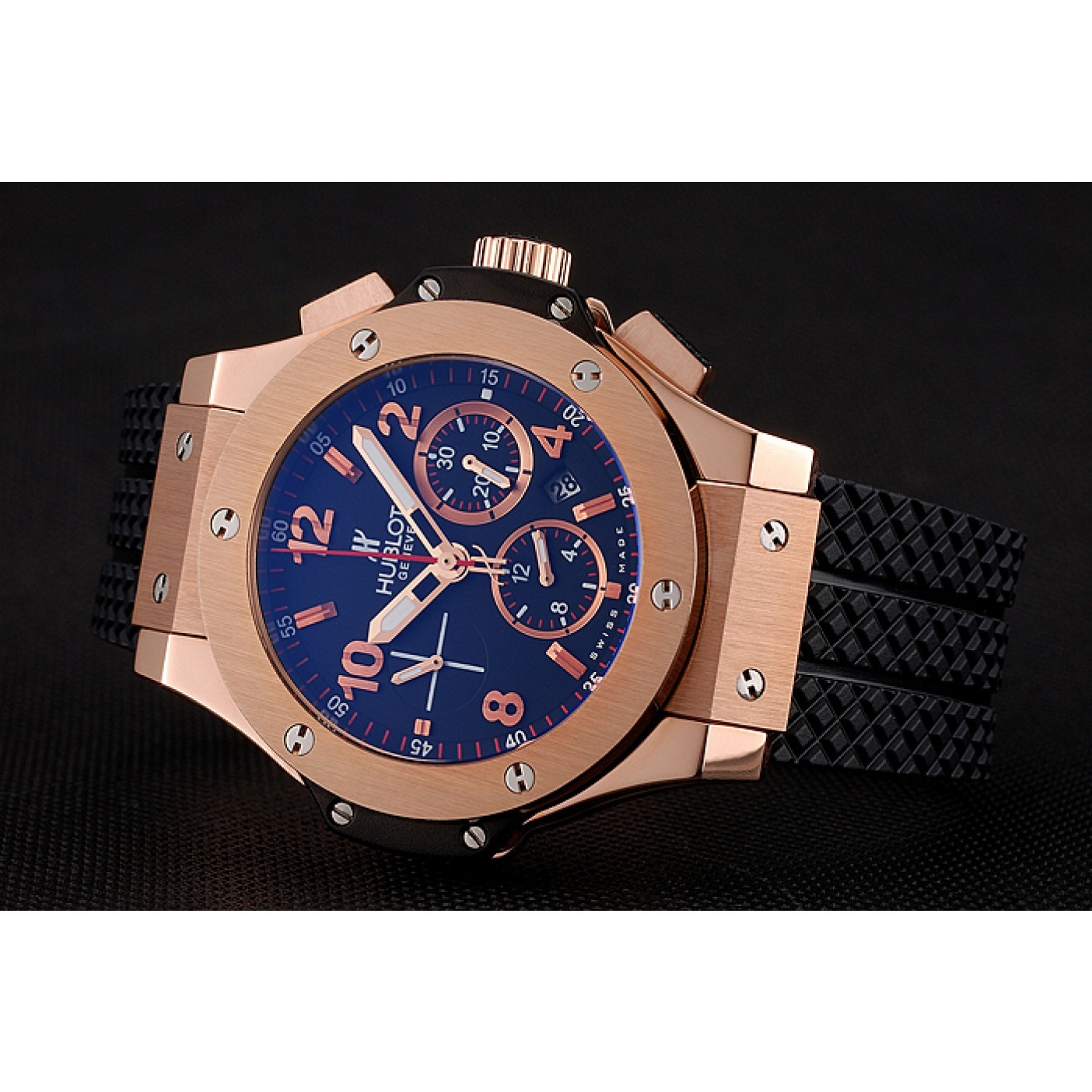 Swiss Hublot Big Bang Black Dial Rose Gold Case Black Rubber Bracelet 1453898