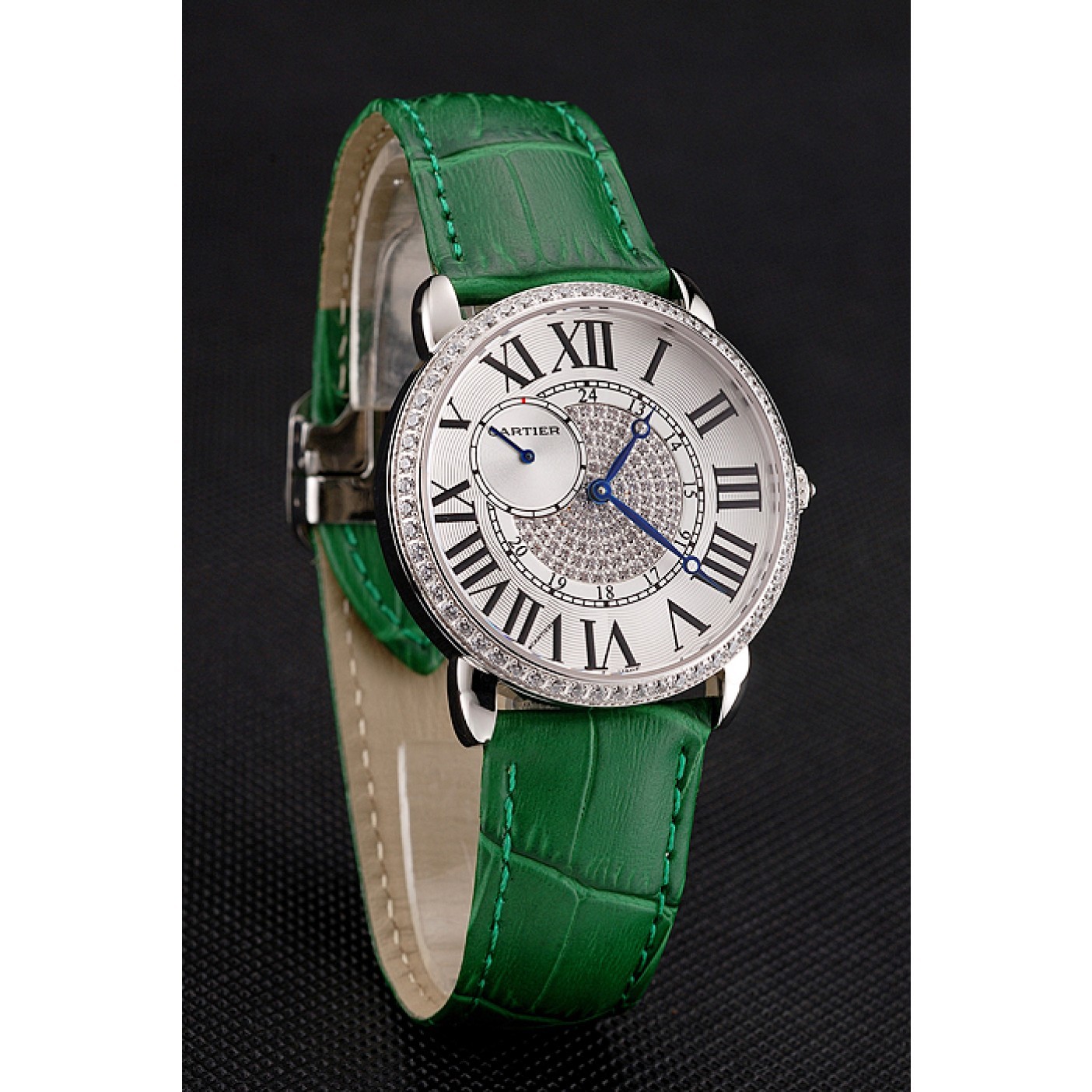 Cartier Ronde Louis Silver Diamond Case White Dial Green Leather Bracelet 1454012