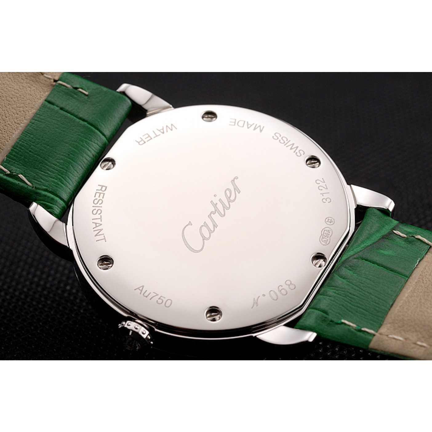 Cartier Ronde Louis Silver Diamond Case White Dial Green Leather Bracelet 1454012