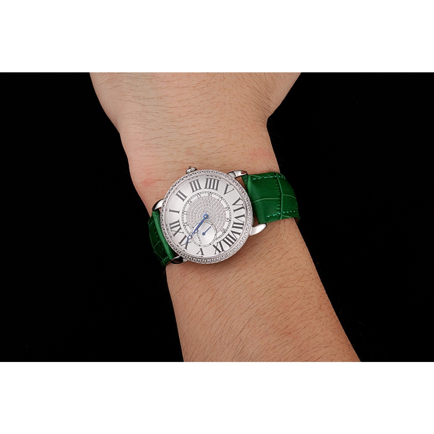 Cartier Ronde Louis Silver Diamond Case White Dial Green Leather Bracelet 1454012