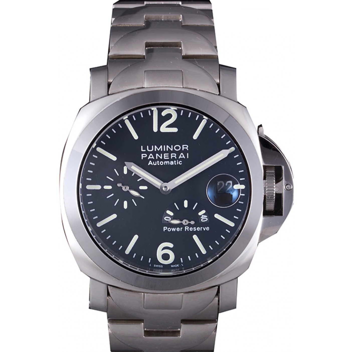 Panerai Luminor Power Reserve Black Dial Brushed Stainless Steel Bracelet