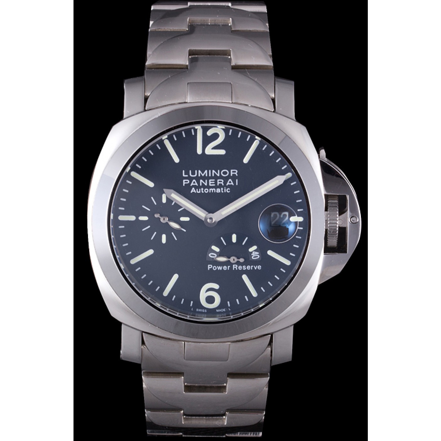 Panerai Luminor Power Reserve Black Dial Brushed Stainless Steel Bracelet